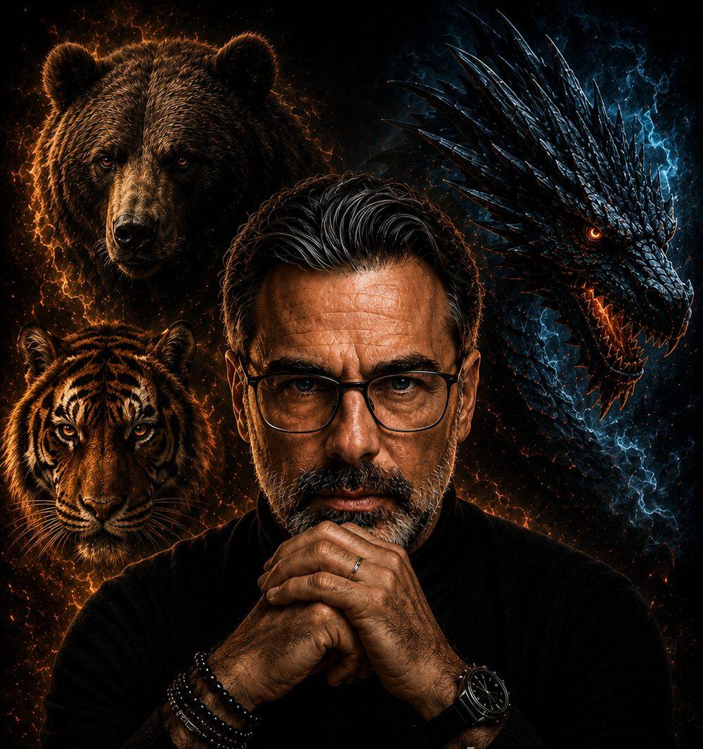 Oriol Cabane junto al oso, el tigre y el dragón